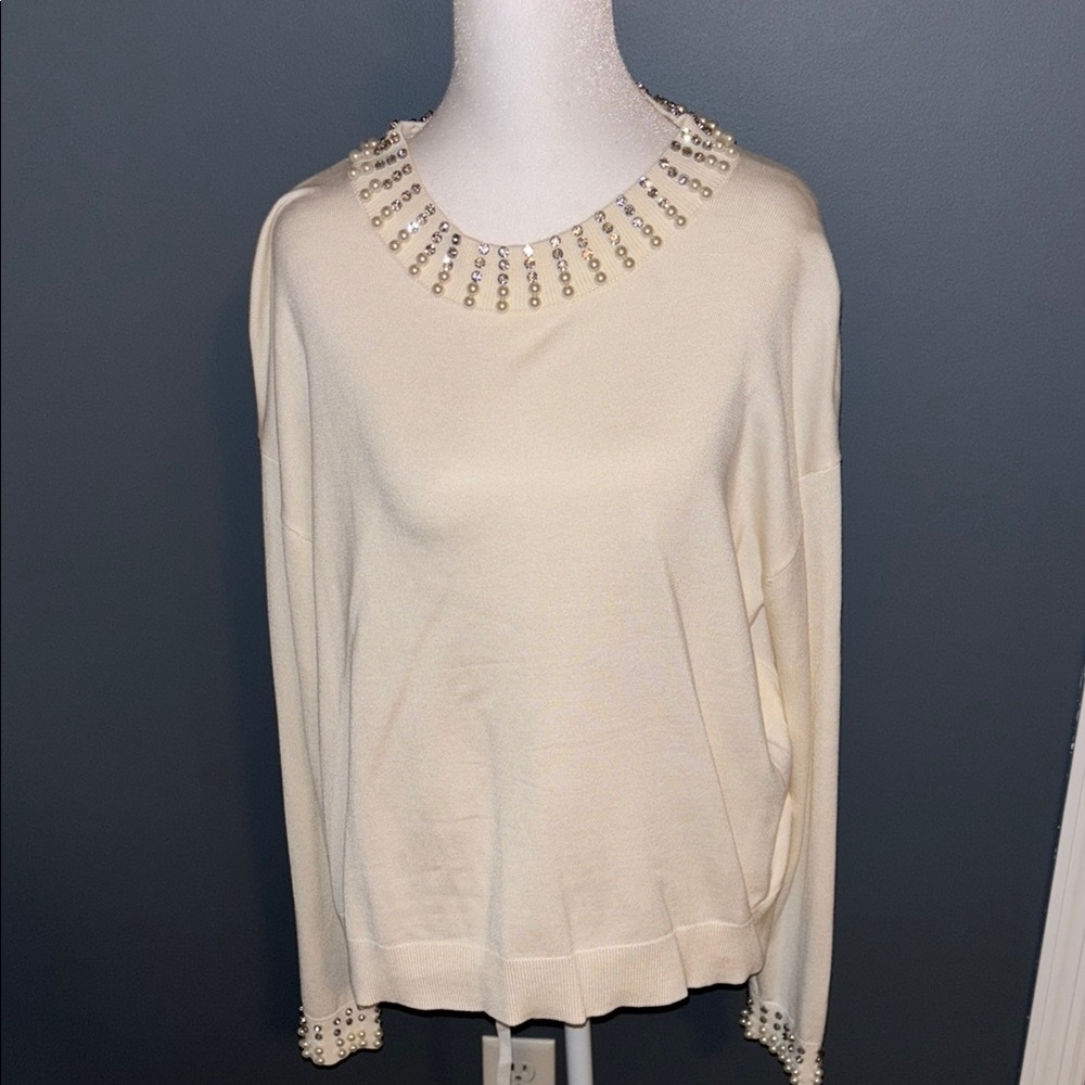 NWOT Adrianna Papell Cream Sweater with Rhinestone & Pearl Accents